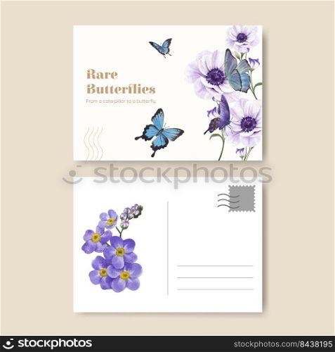 Postcard template with purple and blue butterfly concept,watercolor style 