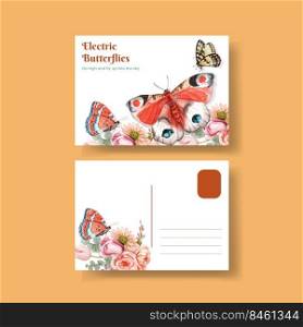 Postcard template with red and orange butterfly concept,watercolor style 