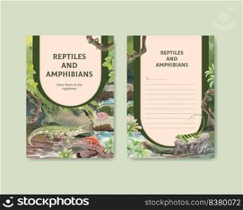 Postcard template with reptiles and amphibians animal concept,watercolor style
