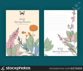 Postcard template with spring wild flower concept,line art style 