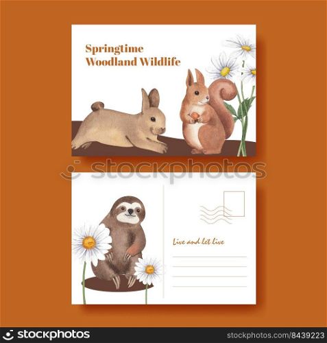 Postcard template with spring woodland wildlife concept,watercolor style 