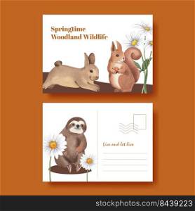 Postcard template with spring woodland wildlife concept,watercolor style 