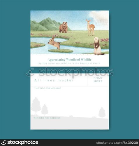 Postcard template with spring woodland wildlife concept,watercolor style
