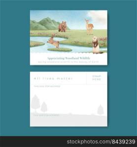 Postcard template with spring woodland wildlife concept,watercolor style
