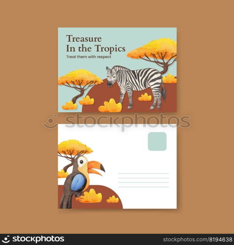 Postcard template with tropical wildlife concept,watercolor style 