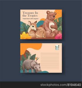 Postcard template with tropical wildlife concept,watercolor style 