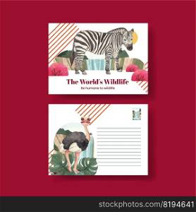 Postcard template with tropical wildlife concept,watercolor style 