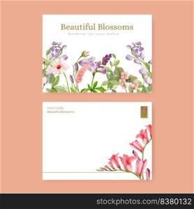 Postcard template with wild flowers concept,watercolor style 