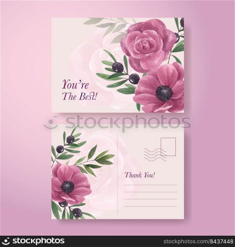 Postcard template with winter floral concept,watercolor style 