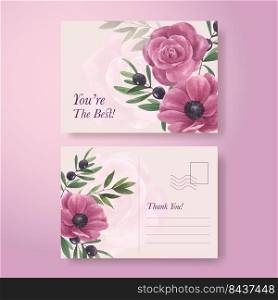 Postcard template with winter floral concept,watercolor style