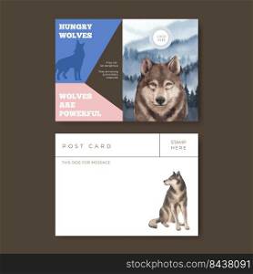 Postcard template with wolf in winter concept,watercolor style 
