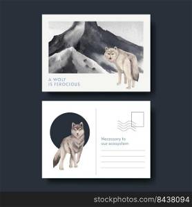 Postcard template with wolf in winter concept,watercolor style  