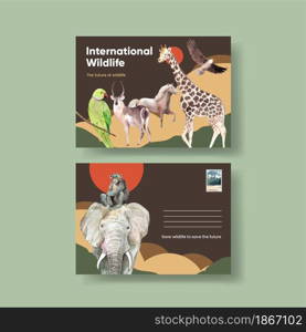 Postcard template with world animal day concept,watercolor style