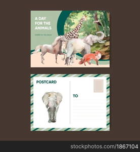 Postcard template with world animal day concept,watercolor style