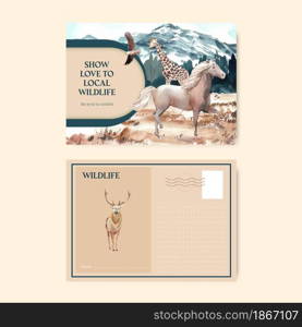 Postcard template with world animal day concept,watercolor style