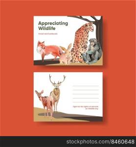 Postcard template with world animal day concept,watercolor style 