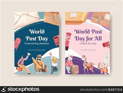 Postcard template with world post day concept,watercolor sty≤