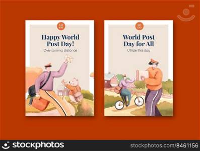 Postcard template with world post day concept,watercolor style 