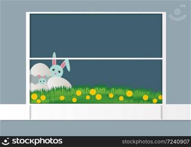 Postcard to easter happy day,Rabbit with eggs on the side window beautiful grass background
