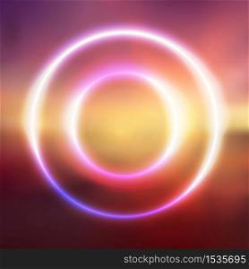 Postcard with a round neon frame and blurred background of sunrise on the sea. Vector background for your creativity. Postcard with a round neon frame and blurred background of sunrise on the sea.