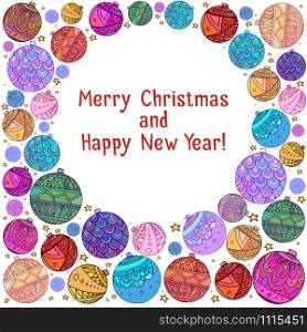 Postcard with Christmas balls decorated with doodle pattern and place for text for your creativity