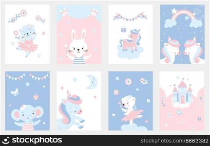 Postcard with cute animals. Cartoon greeting postcards, baby born shower posters. Unicorn, elephant, ballerina animal. Notebook nowaday vector covers. Illustration of cute card greeting. Postcard with cute animals. Cartoon greeting postcards, baby born shower posters. Unicorn, elephant, ballerina animal. Notebook nowaday vector covers