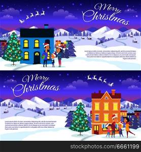 Postcard with Merry Christmas text. Vector illustration of smiling family father mother and son on white snowy field in red hats. Mountain forest and houses on the background, city entertainment. Merry Christmas on City and Blue Sky Background