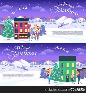 Postcard with Merry Christmas text. Vector illustration of smiling family father mother and son on white snowy field in red hats. Mountain forest and houses on the background, city entertainment. Merry Christmas on City and Blue Sky Background