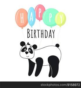 Postcard with panda and balloons. Happy birthday. Holiday greetings baby. Flat design, vector illustration. Happy birthday postcard with panda and balloons