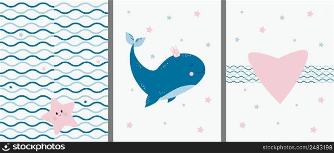 Postcards with a marine pattern and animals. Cute big blue whale with a crown and a starfish with a heart on a decorative background with waves and stars. Vector. For design, decor, print, postcards
