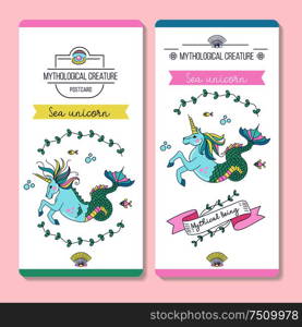 Postcards with mythological creatures. Beautiful sea unicorns. Vector illustration.