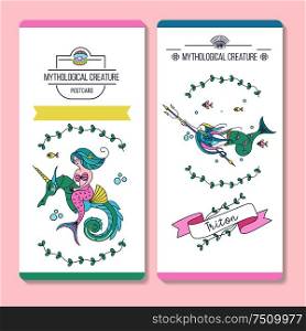 Postcards with mythological creatures. Mermaid riding on a seahorse. Sea king Triton with the Trident in his hand. Vector illustration.