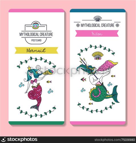 Postcards with mythological creatures. Mermaid with a shell in her hand. Sea king Triton with a Trident and a shell in his hand. Vector illustration.