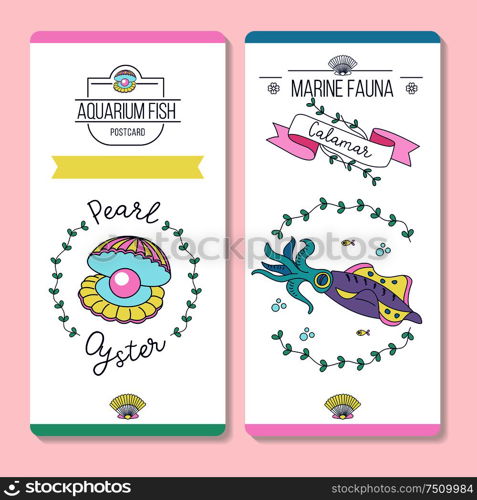 Postcards with sea creatures. Beautiful squid and shell with a pearl. Vector illustration.