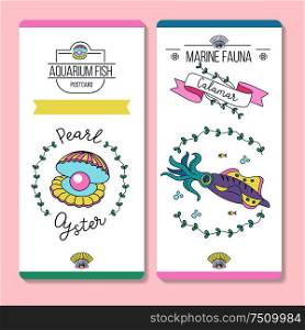Postcards with sea creatures. Beautiful squid and shell with a pearl. Vector illustration.