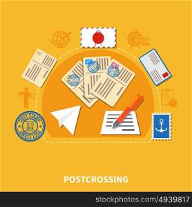 Postcrossing Flat Style Illustration. Postcrossing design in flat style with postage cards and stamp envelopes on yellow background vector illustration