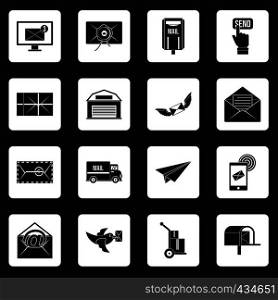 Poste service icons set in white squares on black background simple style vector illustration. Poste service icons set squares vector