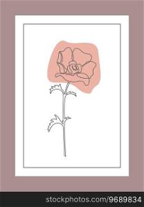 Poster, a picture with a poppy in the linart style with a thin frame with abstract spots on a white background