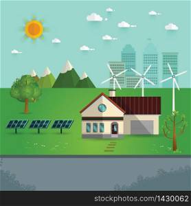 Poster and banner of eco friendly house - solar energy,wind energy,Green energy,urban landscape,Vector concept illustration.