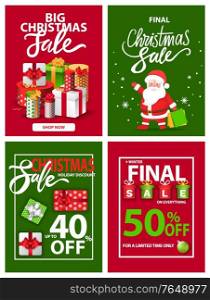 Poster and website of big Christmas sale and discount. Shopping advertisement of final retail and present symbol. Postcard decorated by gift box and Santa character, snowflake and Xmas toy vector. Final Sale and Big Discount Promotion, Xmas Vector