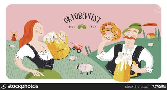 Poster beer festival Oktoberfest. A girl and a man in German national clothes drink beer on the background of a rural landscape. Vector hand drawn illustration with flat textures.. Oktoberfest, beer festival. Characters in German national dress drink beer from large mugs. Vector flat illustration with hand drawn unique textures.