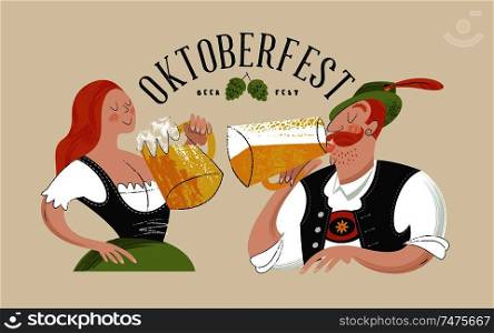 Poster beer festival Oktoberfest. A girl and a man wear traditional German clothes. They drink beer from large mugs. Hand drawn vector illustration. There is space for text.. Oktoberfest, beer festival. Characters in German national dress drink beer from large mugs. Vector flat illustration with hand drawn unique textures.