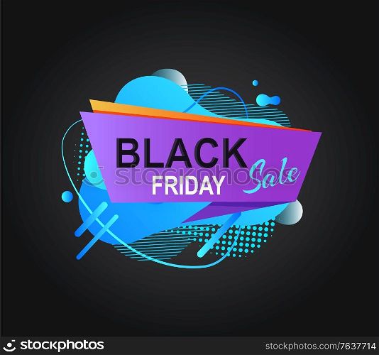 Poster black Friday, sale label with blue abstract liquid shape, discount or advertising symbol, shopping flyer in flat design style, retail cover vector. Retail Cover Black Friday, Discount Label Vector