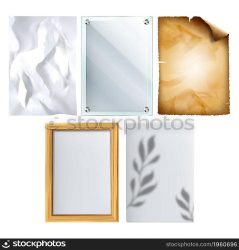 Poster Blank Paper And Parchment Frames Set Vector. Wrinkly Creased Empty Promotional Poster And Ancient Scroll Page Sheet, Wooden And Glass Framework. Template Realistic 3d Illustrations. Poster Blank Paper And Parchment Frames Set Vector
