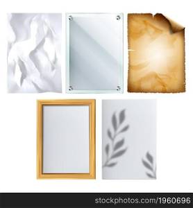 Poster Blank Paper And Parchment Frames Set Vector. Wrinkly Creased Empty Promotional Poster And Ancient Scroll Page Sheet, Wooden And Glass Framework. Template Realistic 3d Illustrations. Poster Blank Paper And Parchment Frames Set Vector