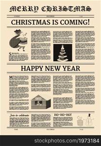 Poster Christmas newspaper old paper retro style. Greering Merrry Christmas and Happy new Year. Vector illustration decoration design isolated. Poster Christmas newspaper old paper retro style. Greering Merrry Christmas and Happy new Year. Vector illustration decoration design