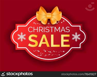 Poster Christmas sale decorated by shiny snowflakes and golden bow. Winter holiday logotype and shopping advertisement. Celebration poster and promotion of business retail, cover for present vector. Winter Holiday Postcard, Christmas Sale Vector