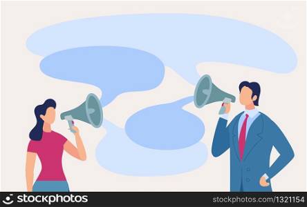 Poster Communication Staff on High Tones Cartoon. Conceptual Idea Misunderstanding Between Men and Women. Guy and Girl Communicate with Each other with Help Loudspeaker. Vector Illustration.
