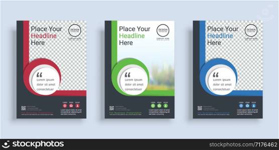 Poster cover book design template in A4 layout with space for photo background, 3 Color ways included, Use for annual report, proposal, portfolio, brochure, flyer, leaflet, catalog, magazine, booklet.
