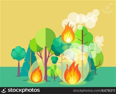 Poster Depicting Raging Forest Fire. Poster of raging wildfire. Vector illustration of forest burning fiercely with bushes, trees aflame and a lot of smoke against light brown background